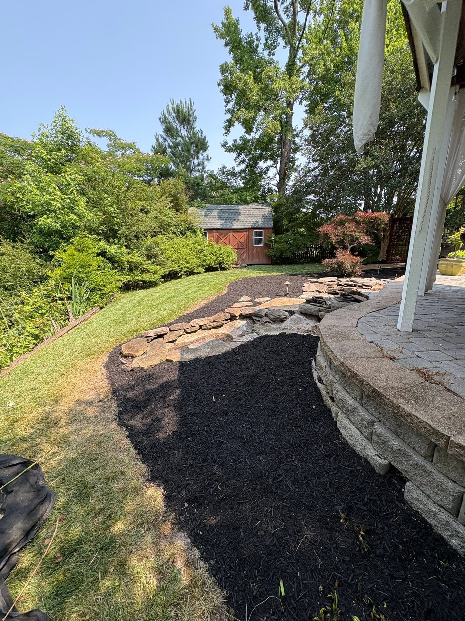 Mulched landscape bed with stone border
