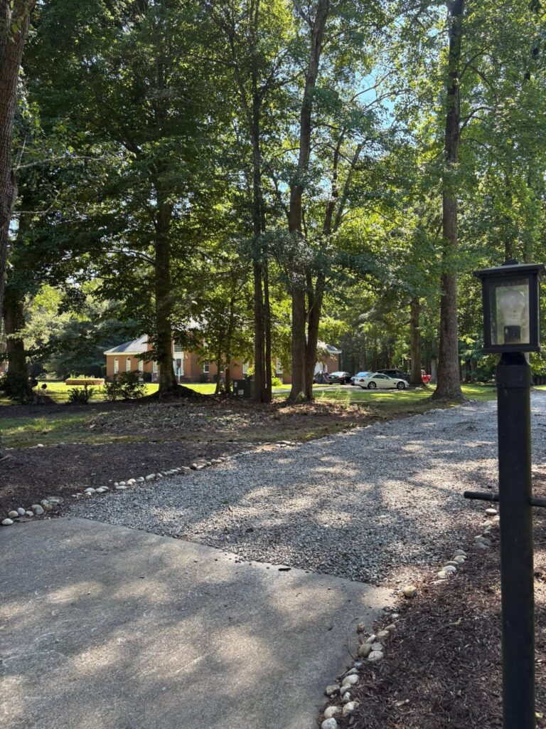Gravel driveway through wooded property