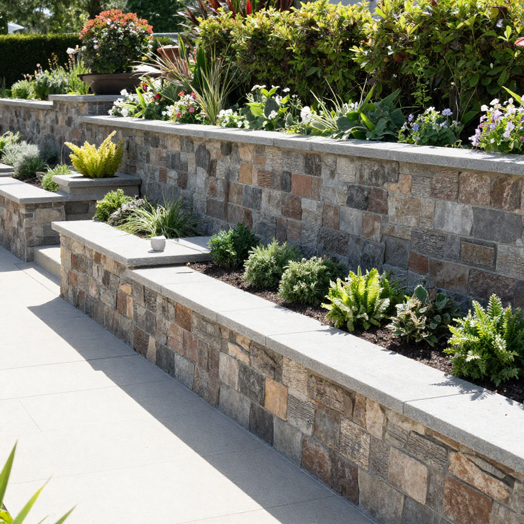 Stone block retaining wall with planting bed