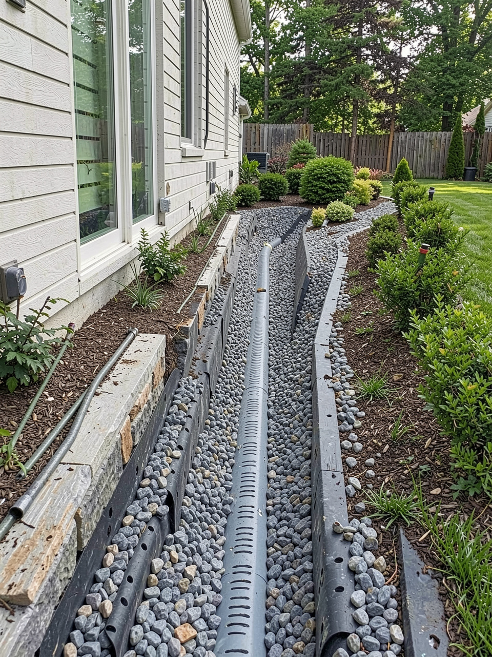 Gravel drainage swale along the side of a house