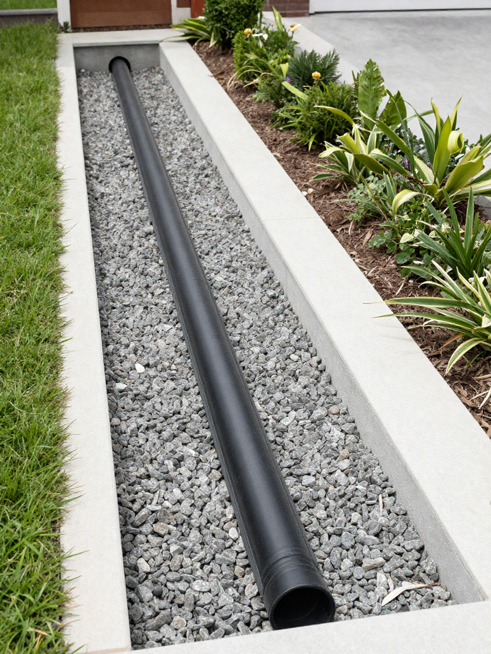 French drain channel set in gravel beside turf
