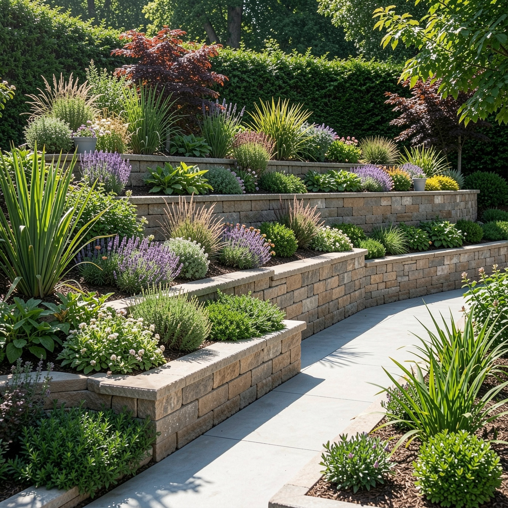 Tiered retaining walls with planted terraces