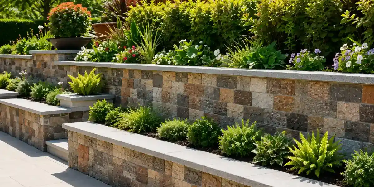 Stone retaining wall with layered planting beds