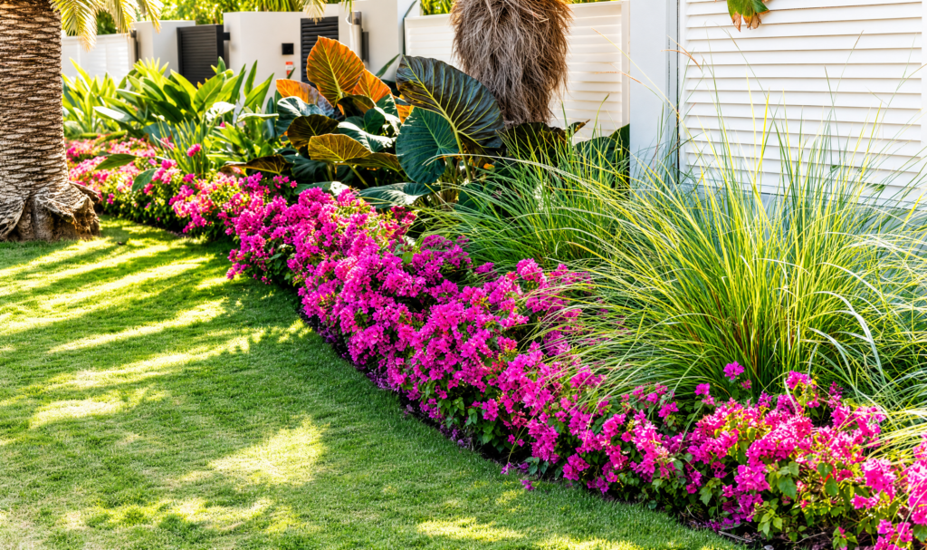 Bright pink flower bed with ornamental grasses