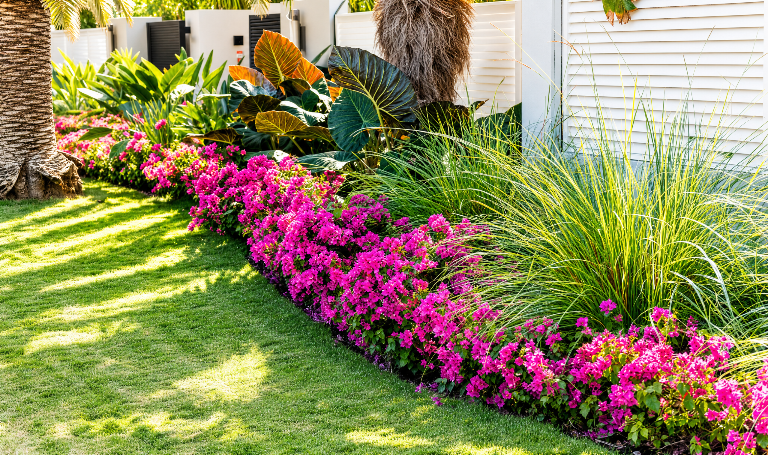 Freshly planted flower bed with ornamental grasses