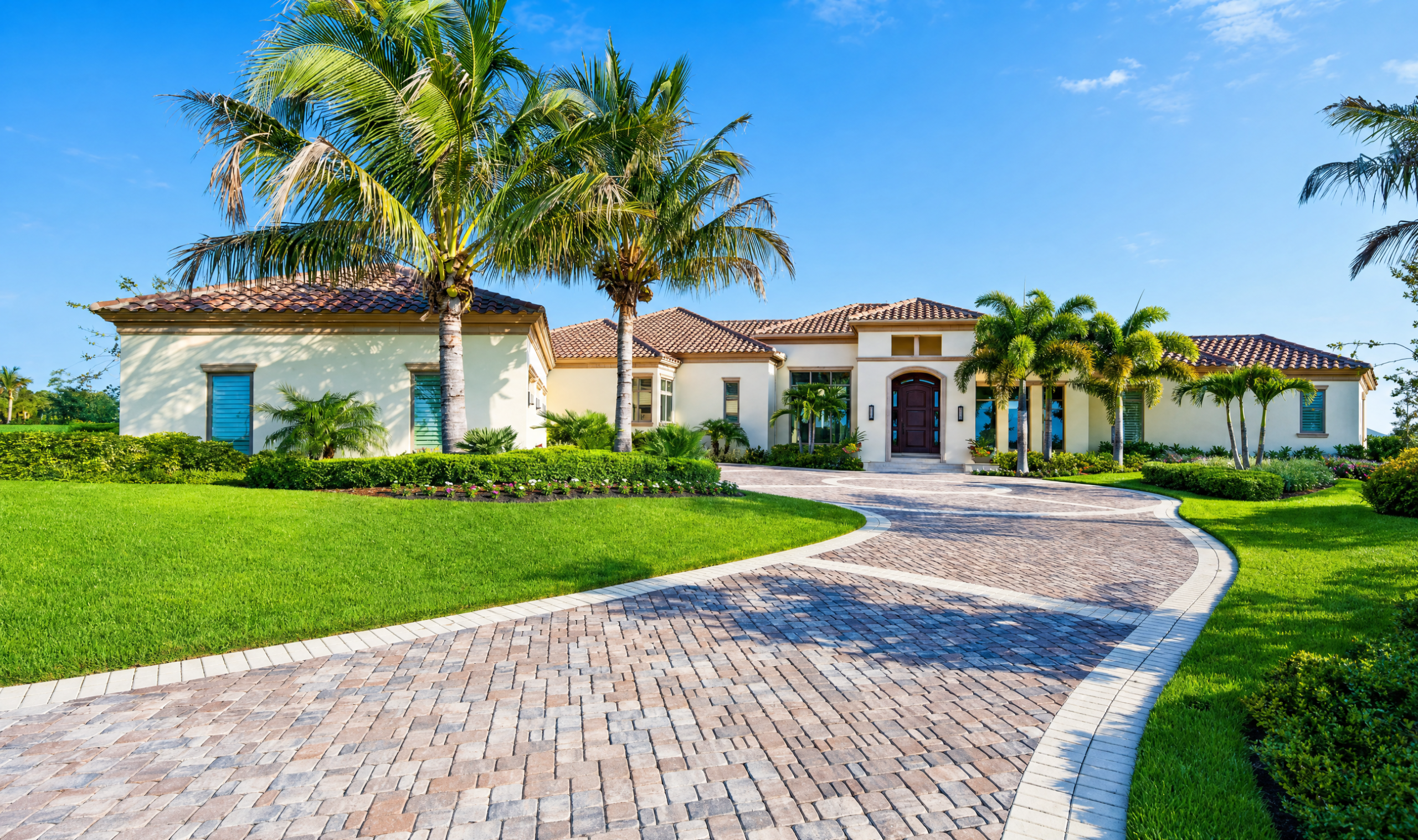 Curved paver driveway lined with palms and lawn