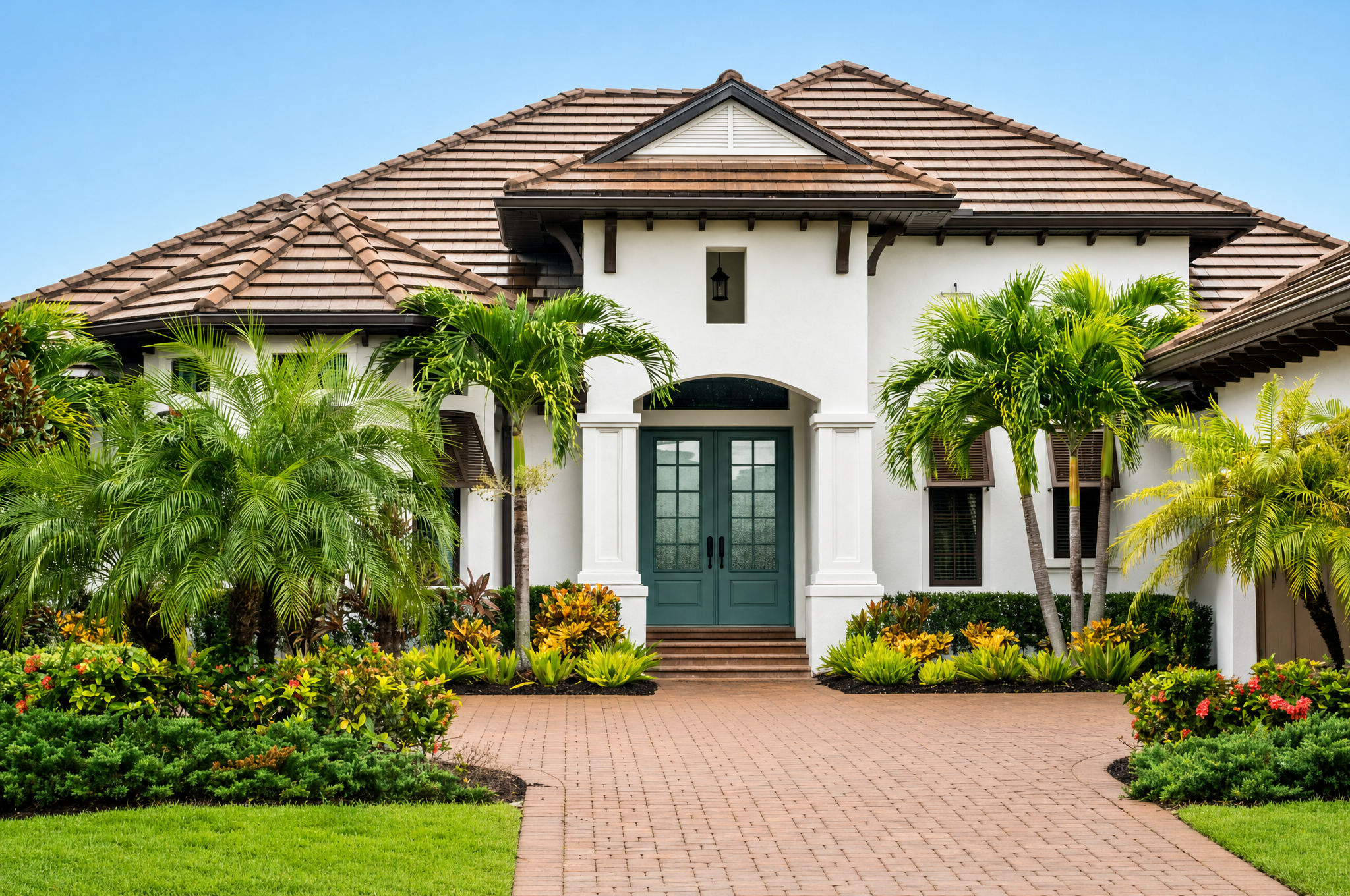 Mediterranean-style home with paver walkway and planting beds