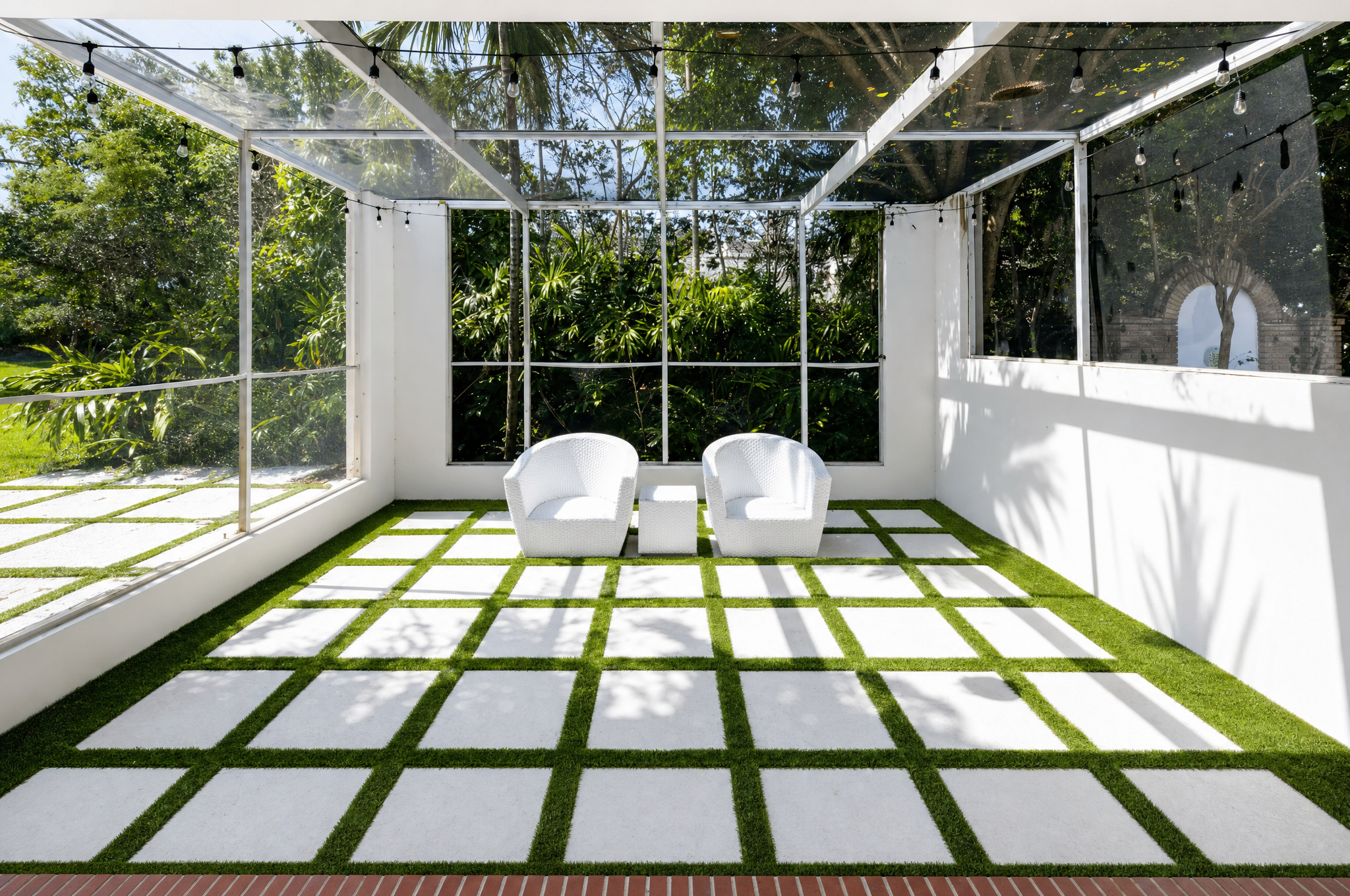Modern patio with large pavers set in turf