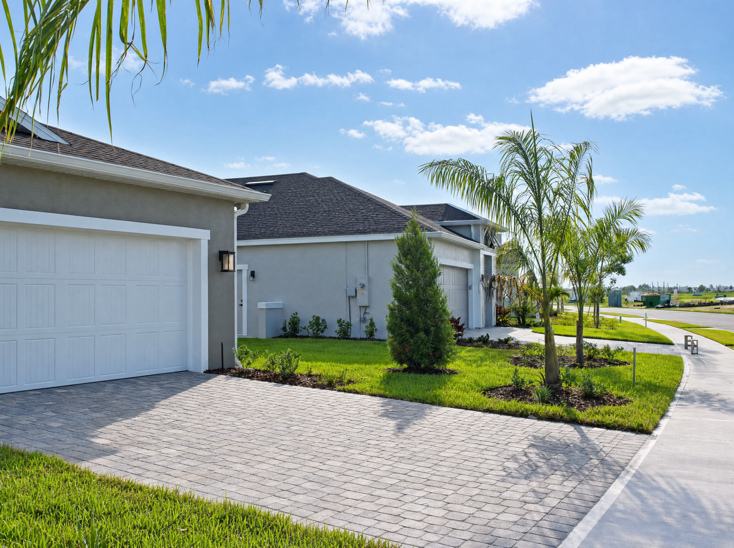 Paver driveway and palm landscaping at a Florida home