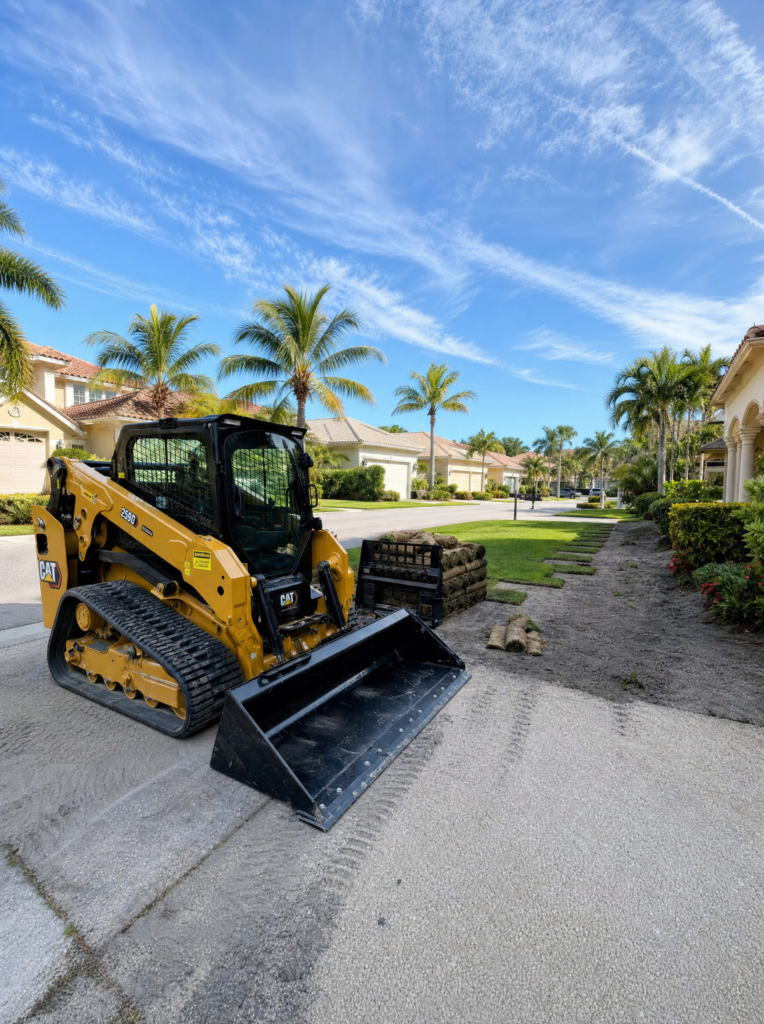 Compact track loader grading a residential lot