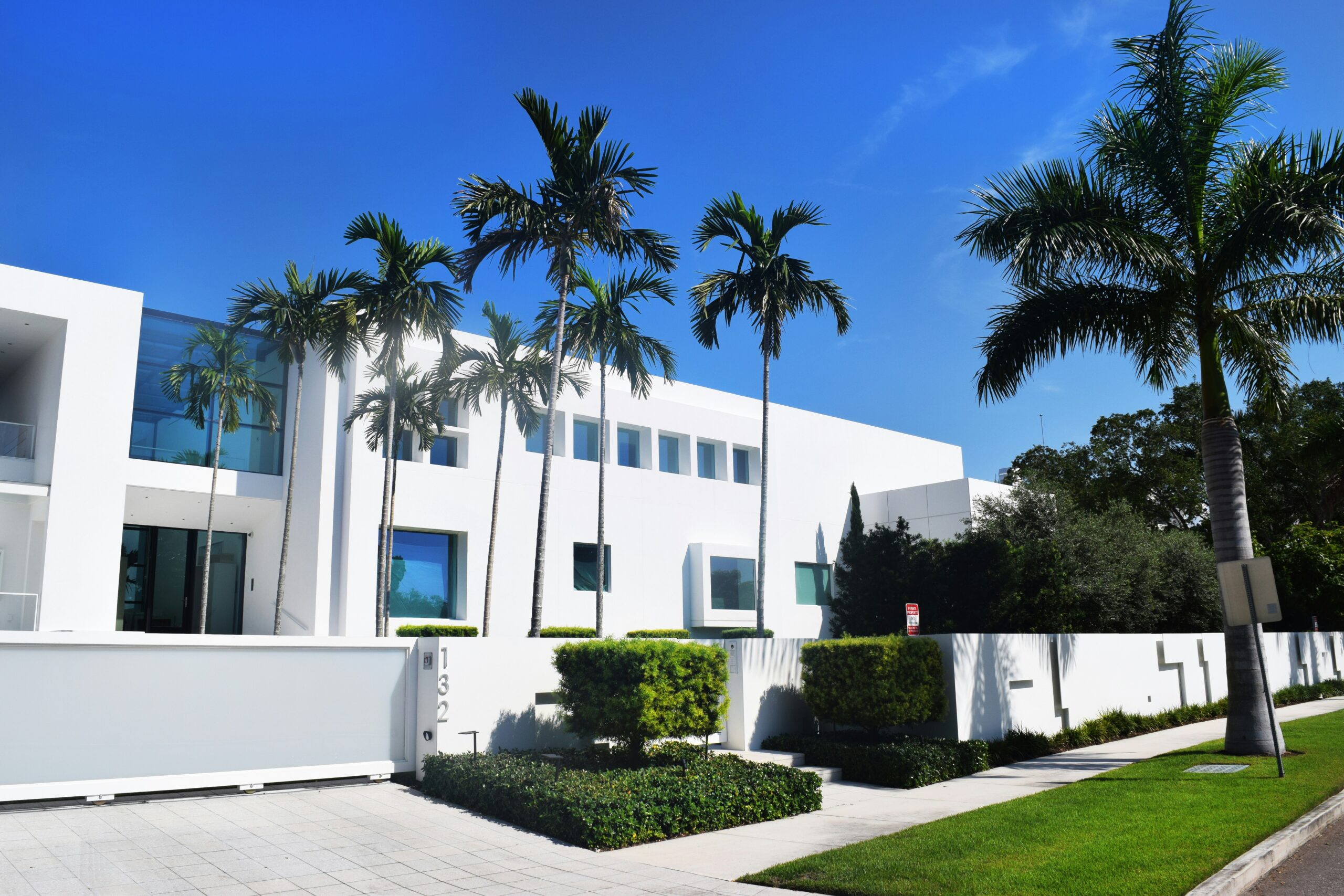 Modern white home with palm tree landscaping